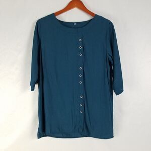 Womens Shirt Medium Blue Green‎ Oversized Tunic Top 3/4 Sleeve Round Neck Blouse
